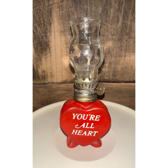 Vintage Heart Shaped Miniature Oil Lantern Lamp Trinket "You're All Heart" 4.75" - Picture 2 of 10
